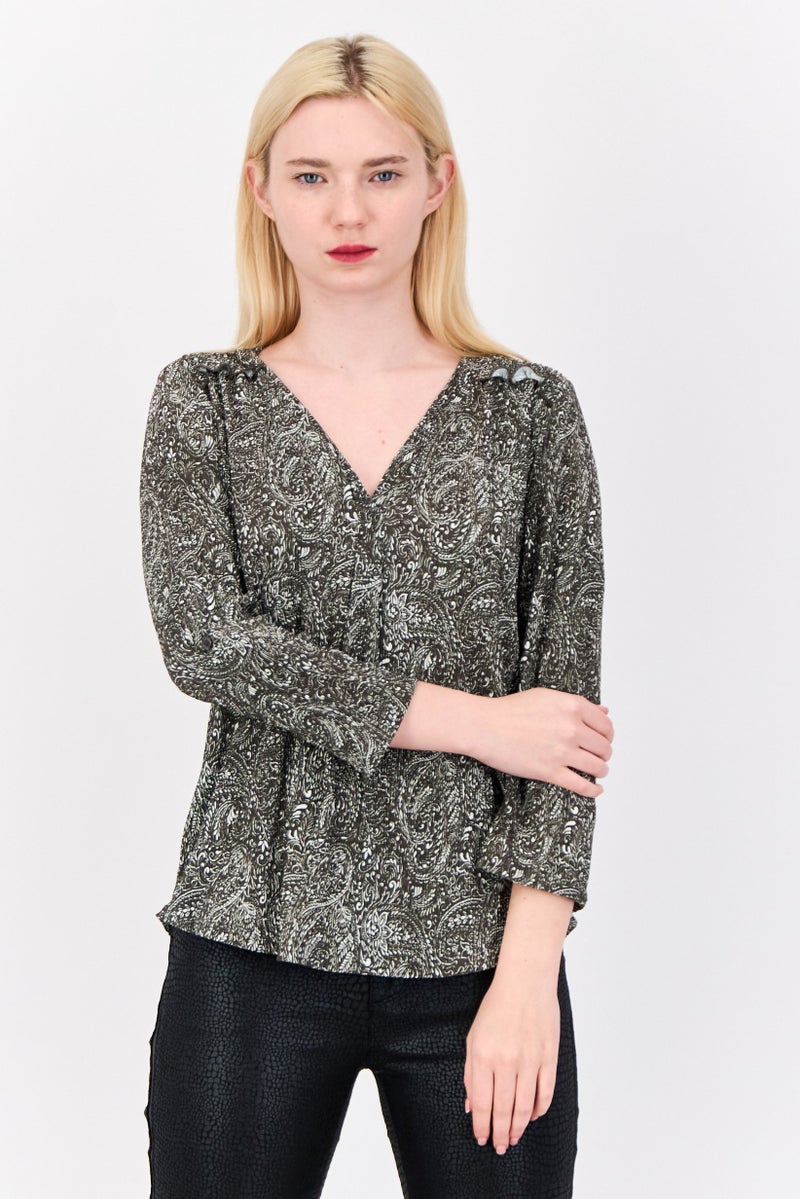 Cable & Gauge Women V-Neck 3/4 Sleeve Floral Print Tops, Olive - Image 1