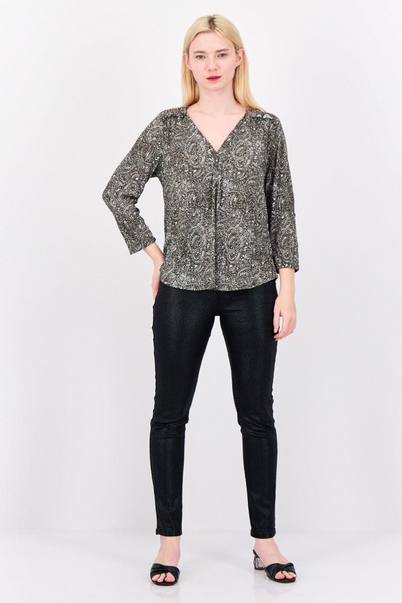 Cable & Gauge Women V-Neck 3/4 Sleeve Floral Print Tops, Olive - Image 3