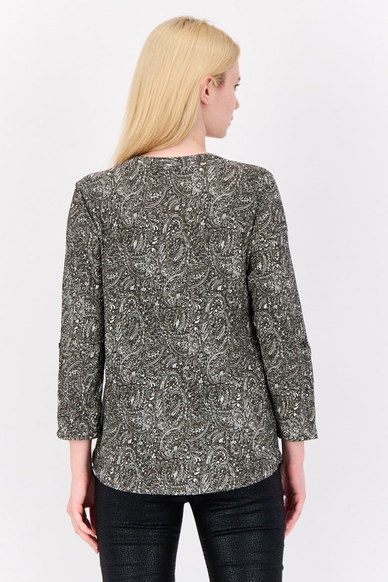Cable & Gauge Women V-Neck 3/4 Sleeve Floral Print Tops, Olive - Image 2