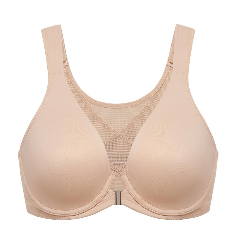 DELIMIRA Women's Front Closure Bras Posture Full Coverage Plus Size Underwire Unlined Back Support Plunge Seamless Bra B-H Cups Beige 40D - Image 1