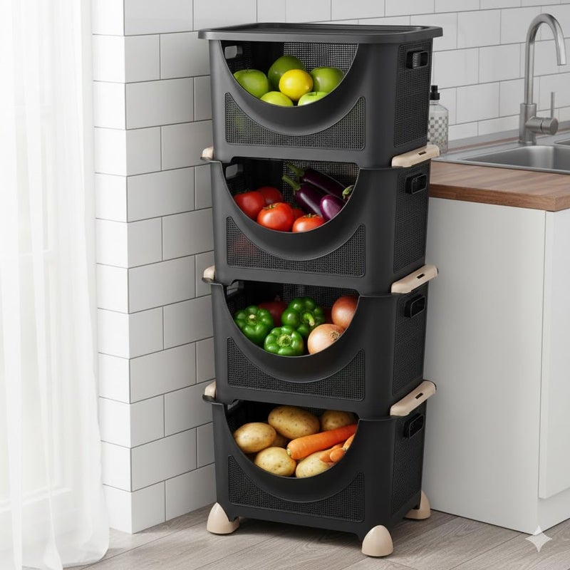Trolley Storage 4 Layers, Black, High Quality Plastic, 37x28x91cm, Fruit and Vegetable Storage, Multipurpose Storage for Kitchen and Bathroom - Image 3