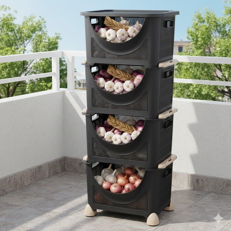 Trolley Storage 4 Layers, Black, High Quality Plastic, 37x28x91cm, Fruit and Vegetable Storage, Multipurpose Storage for Kitchen and Bathroom - Image 2