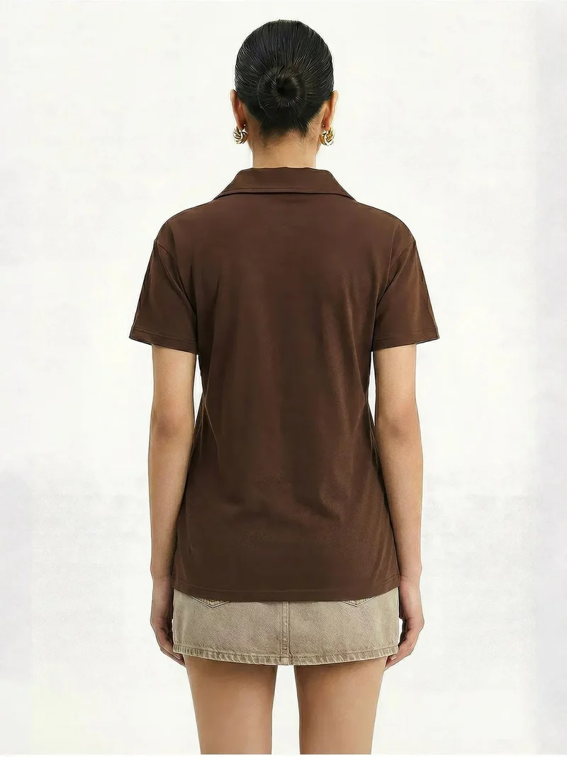 Bianco Lucci Coffee Brown LUCCI Embroidered Text Print Polo Shirt for Women | Best Price UAE