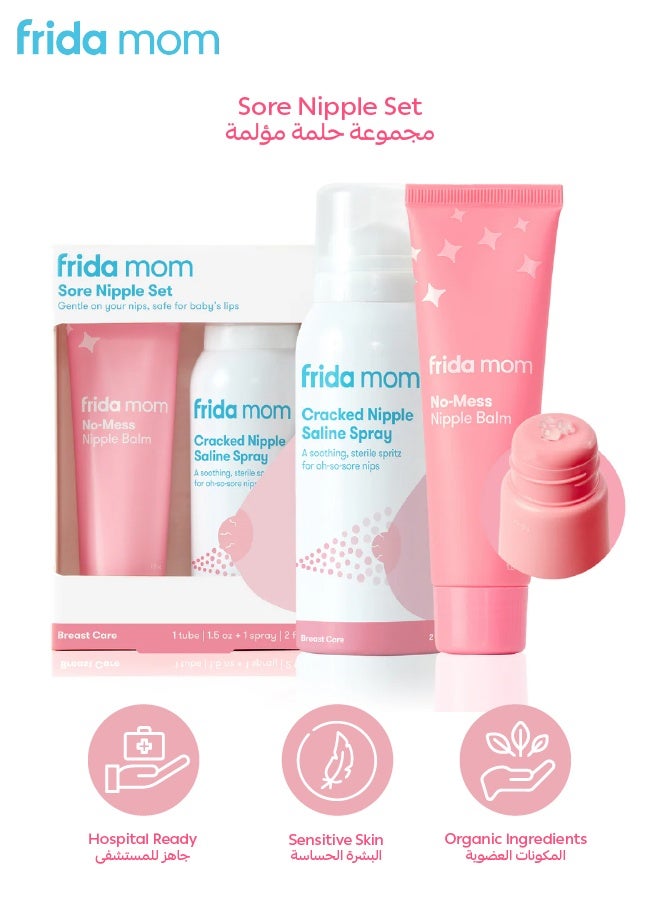 Frida Mom Sore Nipple Set – No-Mess Nipple Balm & Cracked Nipple Saline Spray | Hydrating, Soothing, Made in USA 🇺🇸, Lanolin-Free, Organic Oils | Breastfeeding Relief & Baby-Safe - Image 1