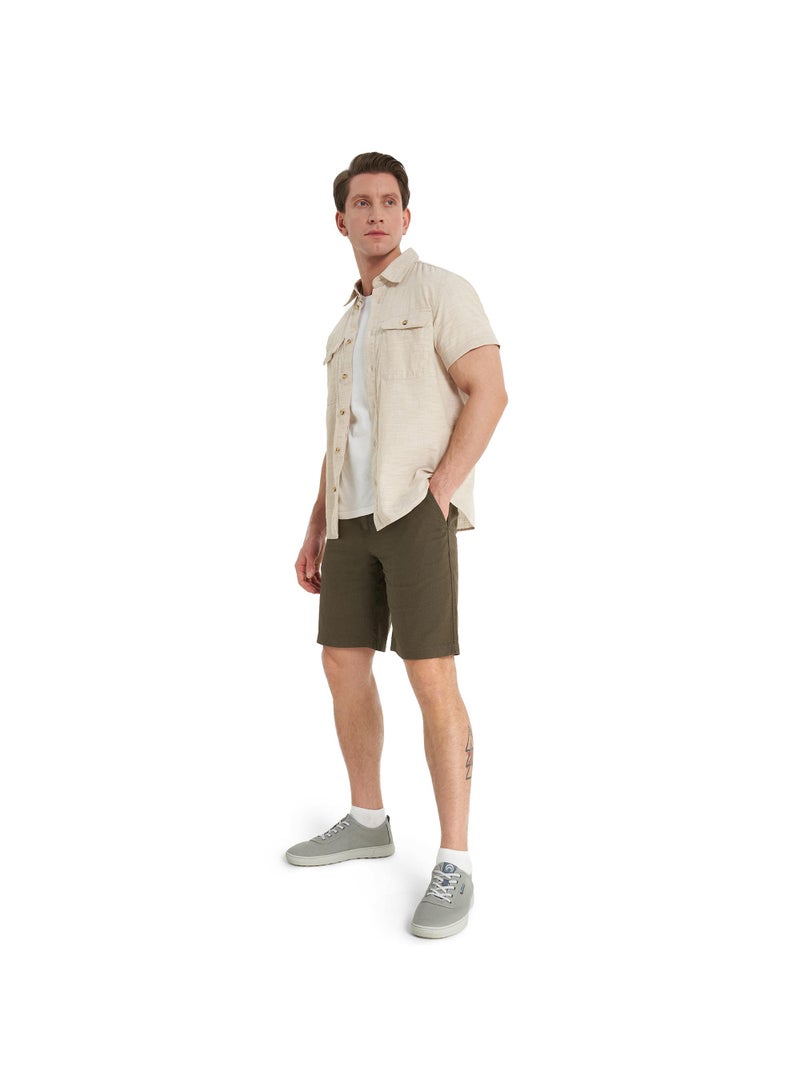 Outventure Men's Olive Shorts, Outventure, Linen-Viscose Blend, Breathable Fabric, Straight Cut, Elastic Waistband, Practical Pockets for Summer Adventures - Image 3