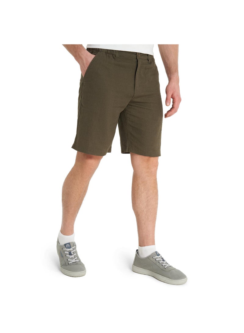 Outventure Men's Olive Shorts, Outventure, Linen-Viscose Blend, Breathable Fabric, Straight Cut, Elastic Waistband, Practical Pockets for Summer Adventures - Image 1