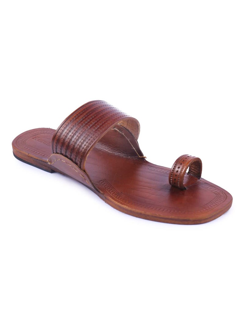 KORAKARI Women's Kolhapuri Handmade Chappal Tan Genuine Leather Flip Flops Slipper (UK-5) - Image 1