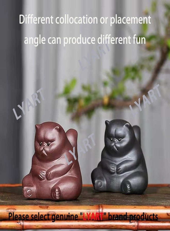LYART Zisha Tea Pet Cat Bat Kung Fu Tea Ornament, Cute Angry Unhappy Cat Frog Set Accessories, Decoration for Table Desk Tearoom, Great Gift for Tea Lover Friend (1.Cat) - Image 3