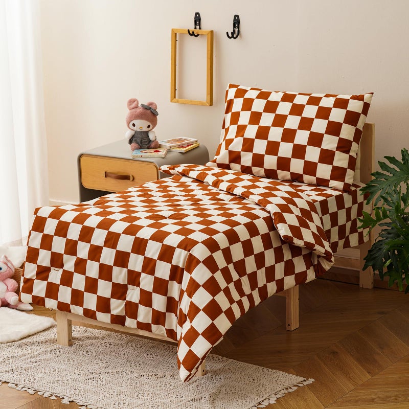 KAREVER Grid Toddler Bedding Set Pumpkin White Checkered 4 Pieces Crib Bed Set Kids Pliad Comforter Set - Image 3