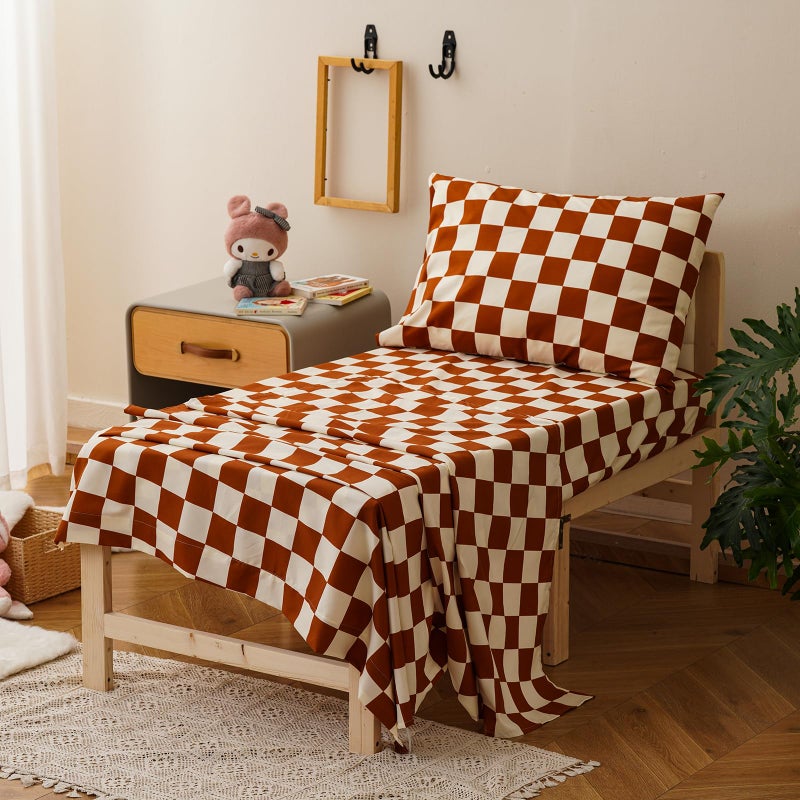 KAREVER Grid Toddler Bedding Set Pumpkin White Checkered 4 Pieces Crib Bed Set Kids Pliad Comforter Set - Image 5