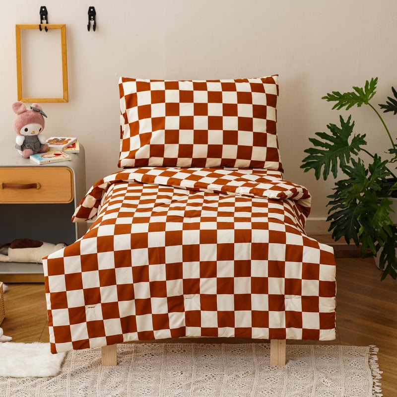KAREVER Grid Toddler Bedding Set Pumpkin White Checkered 4 Pieces Crib Bed Set Kids Pliad Comforter Set - Image 1