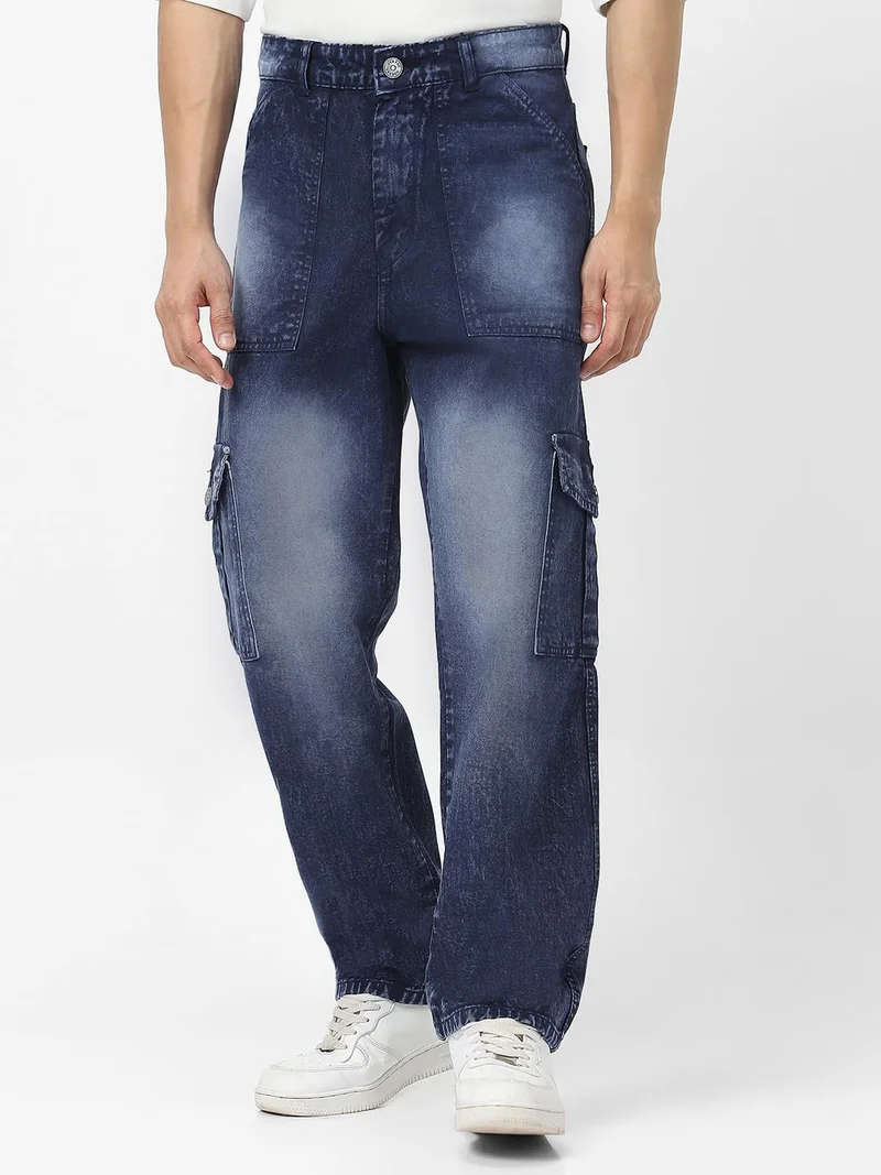Urbano Fashion  Urbano Fashion Men's Navy Loose Baggy Fit Washed Cargo Jeans with 6 Pockets Non-Stretchable  | Best Price UAE