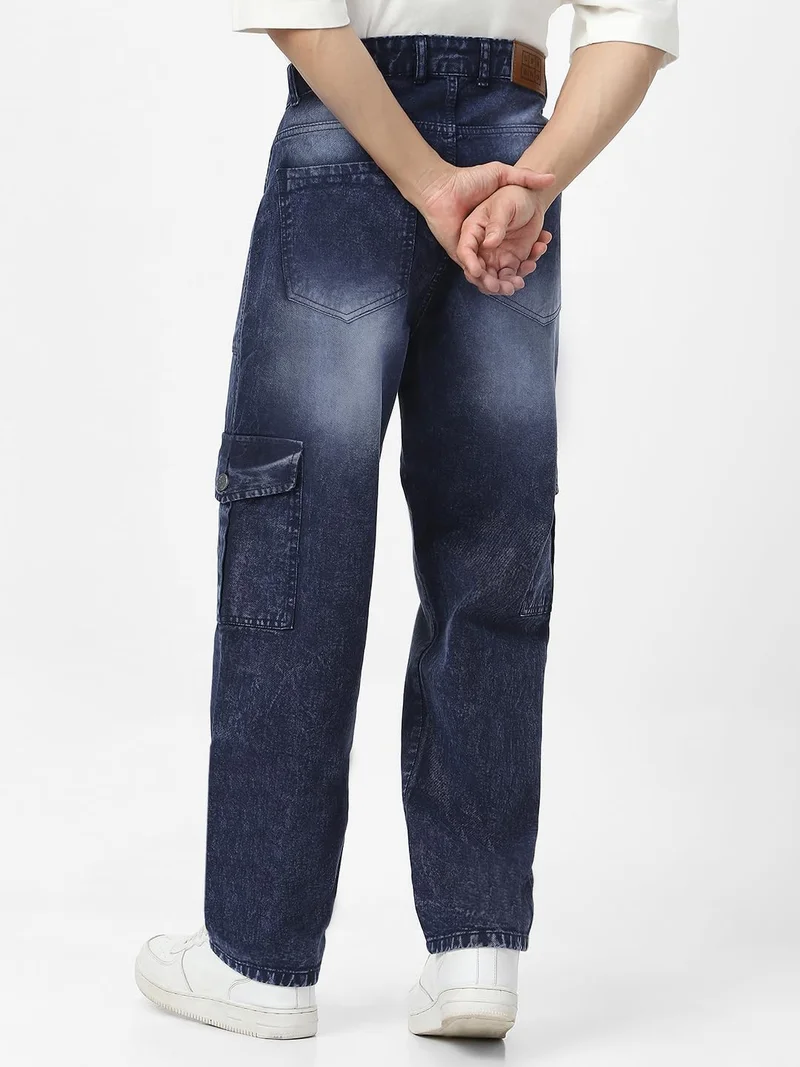 Urbano Fashion  Urbano Fashion Men's Navy Loose Baggy Fit Washed Cargo Jeans with 6 Pockets Non-Stretchable  | Best Price UAE