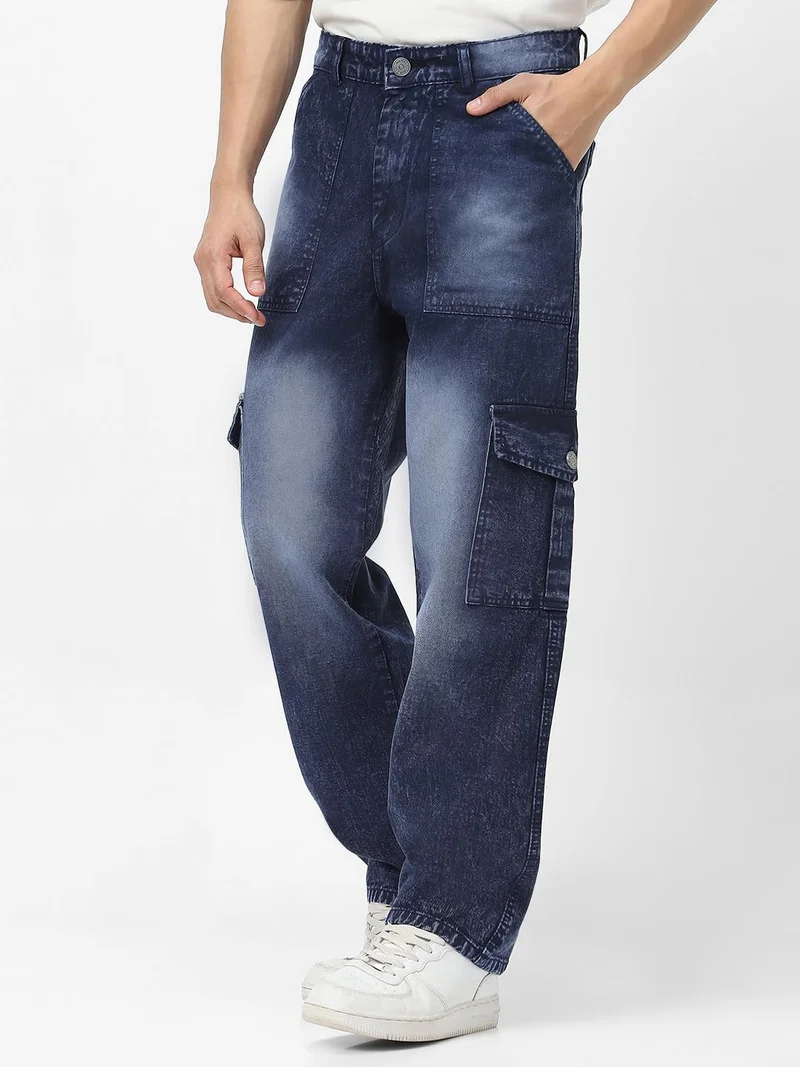 Urbano Fashion  Urbano Fashion Men's Navy Loose Baggy Fit Washed Cargo Jeans with 6 Pockets Non-Stretchable  | Best Price UAE