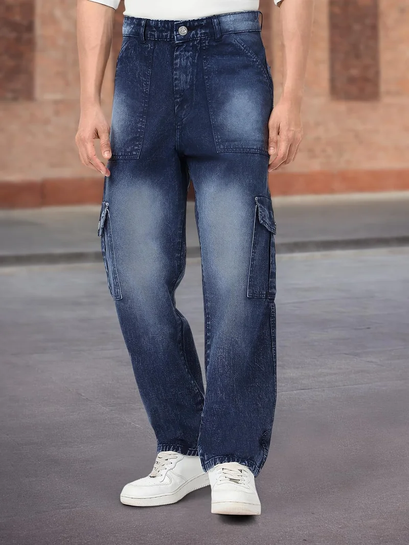 Urbano Fashion Men's Navy Loose Baggy Fit Washed Cargo Jeans with 6 Pockets Non-Stretchable