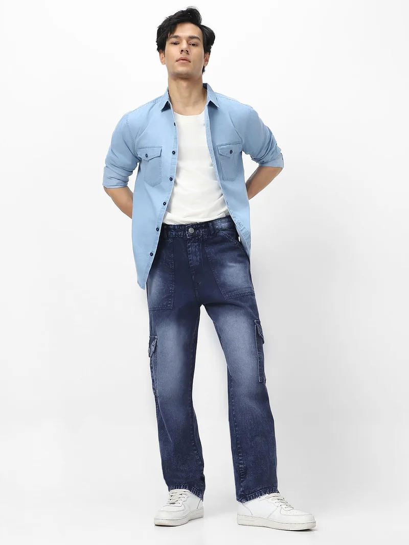 Urbano Fashion  Urbano Fashion Men's Navy Loose Baggy Fit Washed Cargo Jeans with 6 Pockets Non-Stretchable  | Best Price UAE