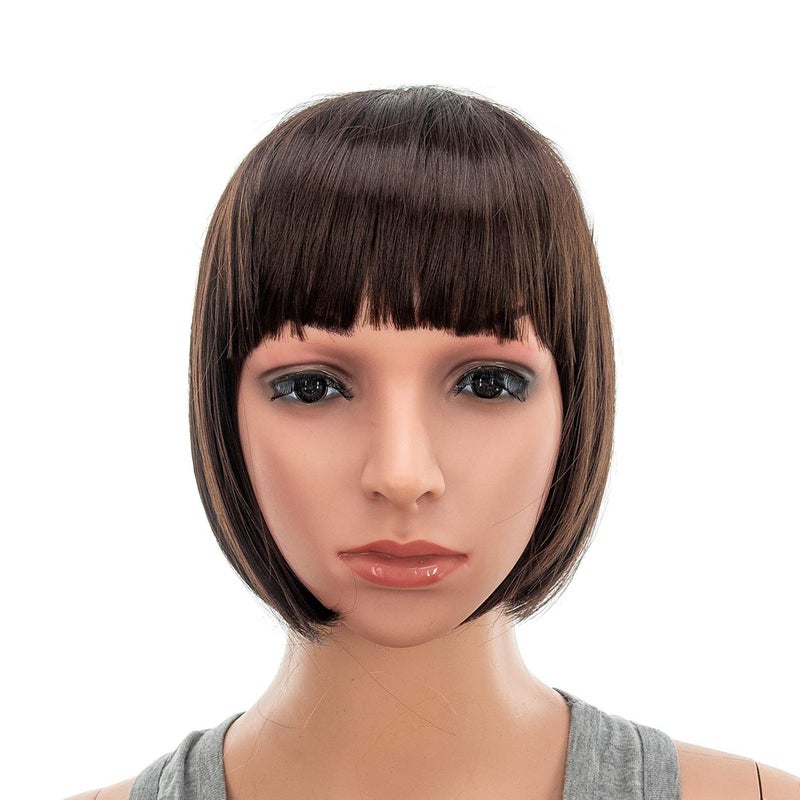 SWACC SWACC 10 Inch Short Straight Bob Wig with Bangs Synthetic Colorful Cosplay Daily Party Flapper Wig for Women with Wig Cap (Dark Brown) 