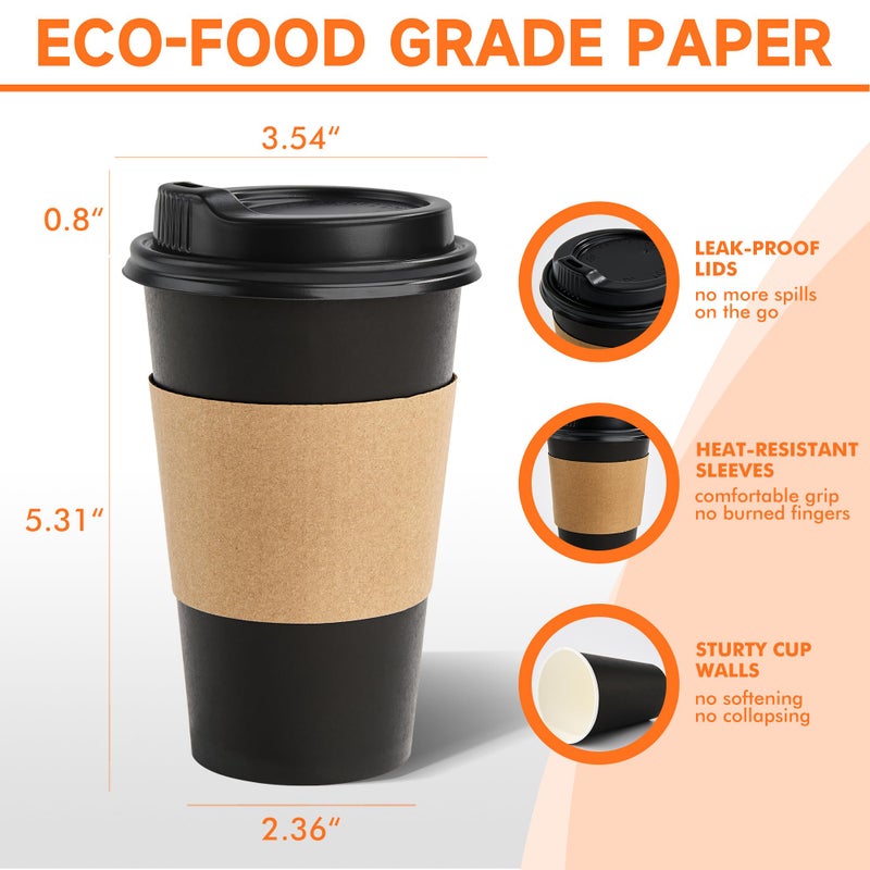 METAPRINT 100 Pack 16 oz Disposable Coffee Cups with Lids and Sleeves, Sturdy Paper Cups for Hot/Cold Drinks, Leak-Proof To Go Coffee Cups with Lids for Home, CafÃ©, Events, Office, Black - Image 2