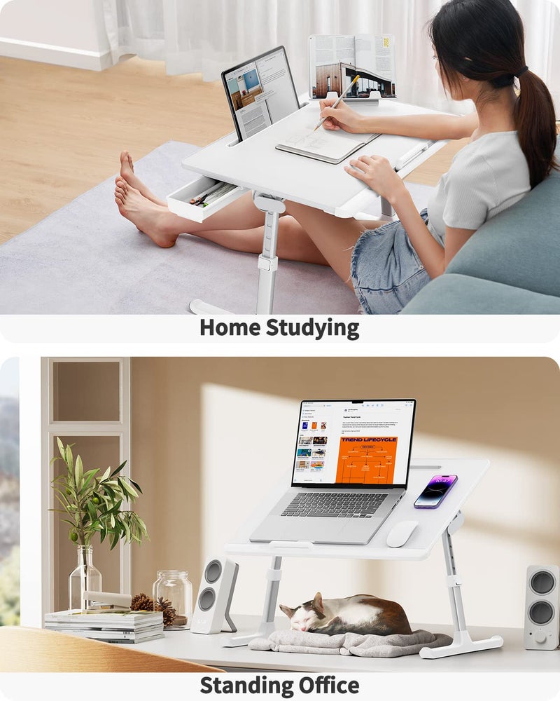 SAIJI طاولة سرير لابتوب، طاولة سرير قابلة للتعديل من SAIJI للابتوب، حامل لابتوب قابل للطي مع درج تخزين لتناول الطعام، العمل، الكتابة، الألعاب، الرسم (أبيض، كبير جداً) - Image 2