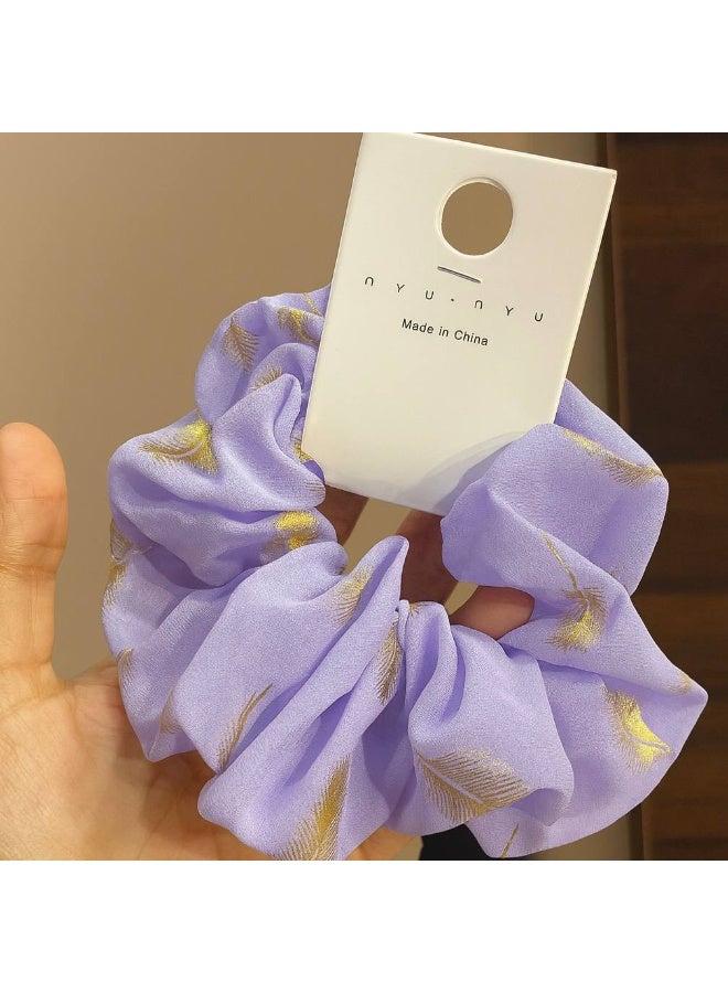 Big Size Purple Satin Scrunchie With Golden Feathers Print