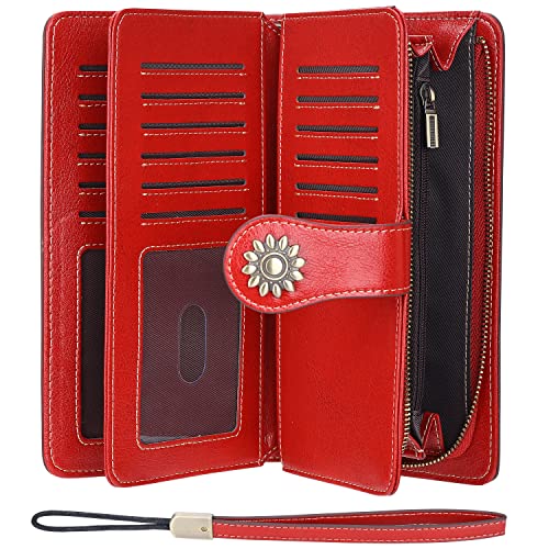 Lavemi Womens Large Capacity Genuine Leather RFID Blocking Wallets Wristlet Clutch Card Holder(1- Red) - Image 3