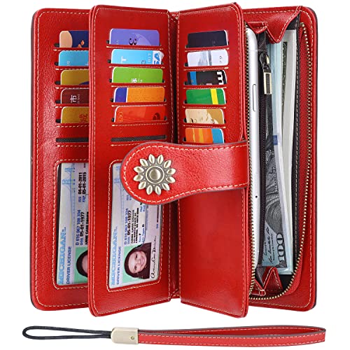 Lavemi Womens Large Capacity Genuine Leather RFID Blocking Wallets Wristlet Clutch Card Holder(1- Red) - Image 1