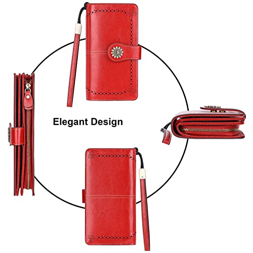 Lavemi Womens Large Capacity Genuine Leather RFID Blocking Wallets Wristlet Clutch Card Holder(1- Red) - Image 4
