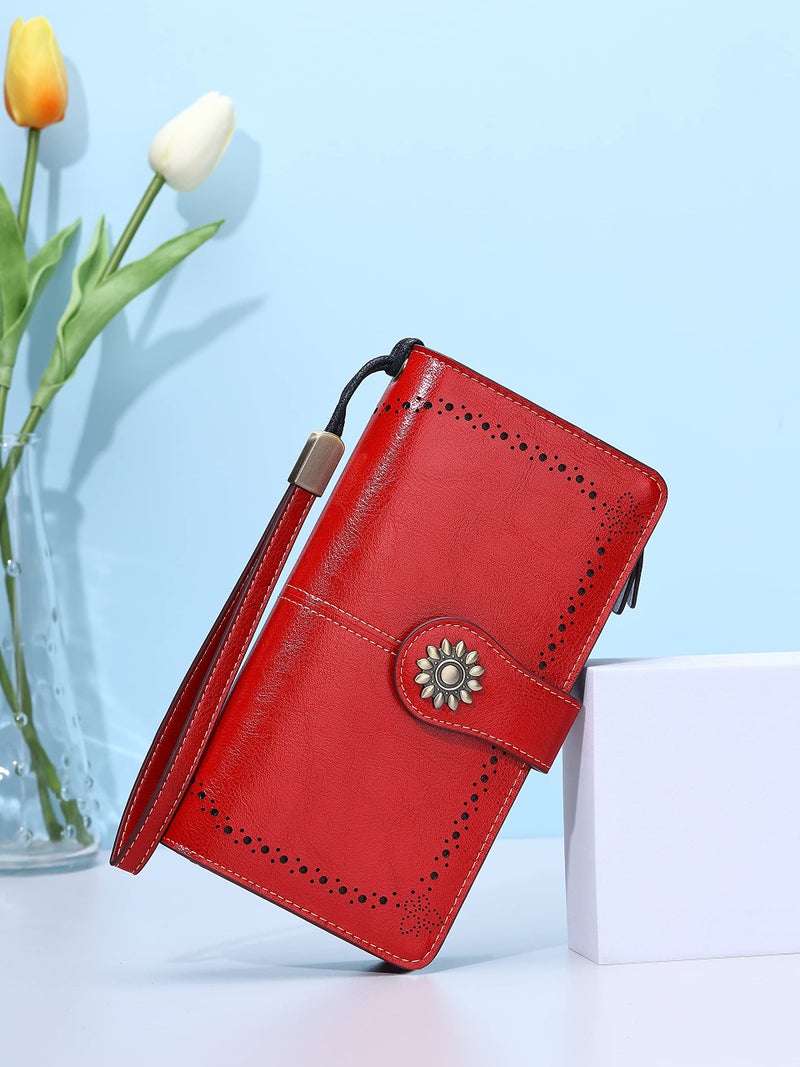 Lavemi Womens Large Capacity Genuine Leather RFID Blocking Wallets Wristlet Clutch Card Holder(1- Red) - Image 2
