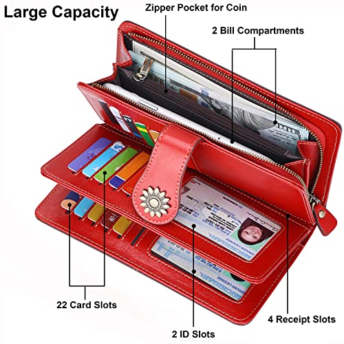Lavemi Womens Large Capacity Genuine Leather RFID Blocking Wallets Wristlet Clutch Card Holder(1- Red) - Image 5
