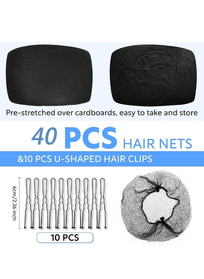 مجموعة 40 قطعة من شبكات الشعر السوداء - شبكة شعر نايلون مرنة غير مرئية بطول 60 سم - مناسبة للعاملين في مجال تقديم الطعام في المطابخ، ولتسريحات شعر الباليه، مع 10 دبابيس شعر على شكل حرف U بطول 2.4 بوصة - Image 2