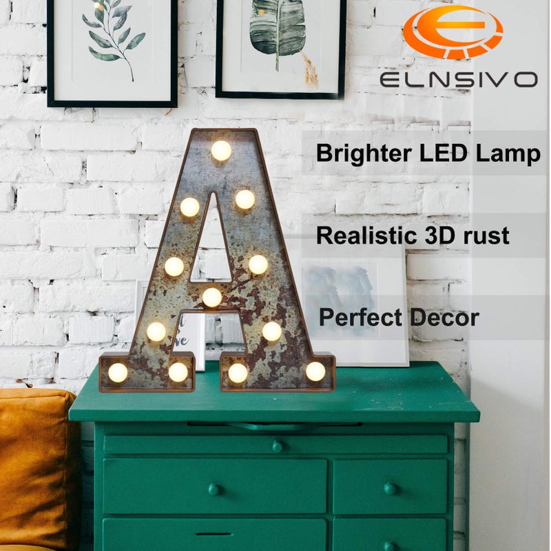 Elnsivo LED Marquee Light Up Letters Industrial Vintage Style Lighted Letters Rust Metal Effect Marquee Letter with Lights Illumination Letter Signs for Christmas Wedding Birthday Party Home Cafe Bar Decor-A - Image 2