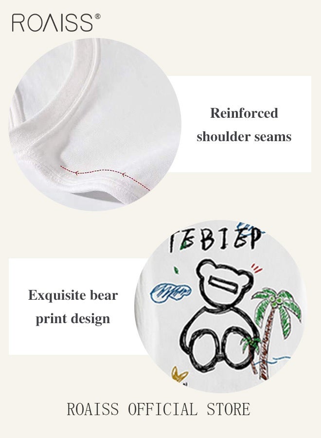 roaiss New Casuals Cartoon Bear T Shirts Simple Daliy Clothes Korean Fashion Oversized Short Sleeve Tops Couple Tees Summer - Image 5