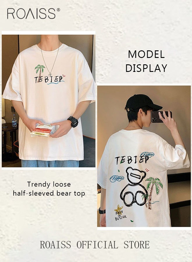 roaiss New Casuals Cartoon Bear T Shirts Simple Daliy Clothes Korean Fashion Oversized Short Sleeve Tops Couple Tees Summer - Image 1