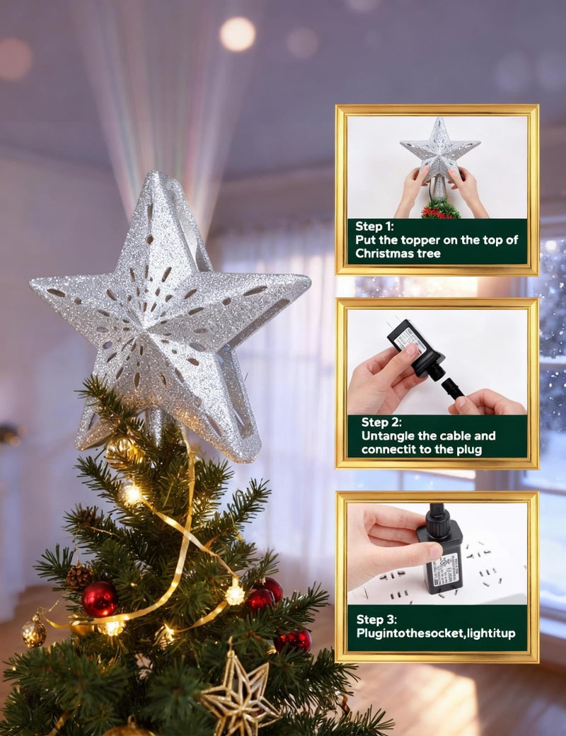 DG-Direct Christmas Tree Topper Lighted Star [Silver],3D Hollow Sparkling Star Christmas Tree Topper with Rotating Magic Cool White Snowflake Projector for Christmas Tree Ornament (Silver) - Image 4