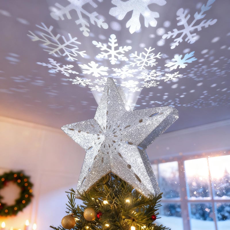 DG-Direct Christmas Tree Topper Lighted Star [Silver],3D Hollow Sparkling Star Christmas Tree Topper with Rotating Magic Cool White Snowflake Projector for Christmas Tree Ornament (Silver) - Image 1