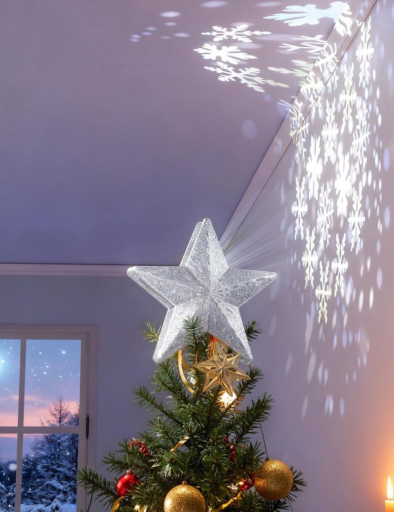 DG-Direct Christmas Tree Topper Lighted Star [Silver],3D Hollow Sparkling Star Christmas Tree Topper with Rotating Magic Cool White Snowflake Projector for Christmas Tree Ornament (Silver) - Image 5