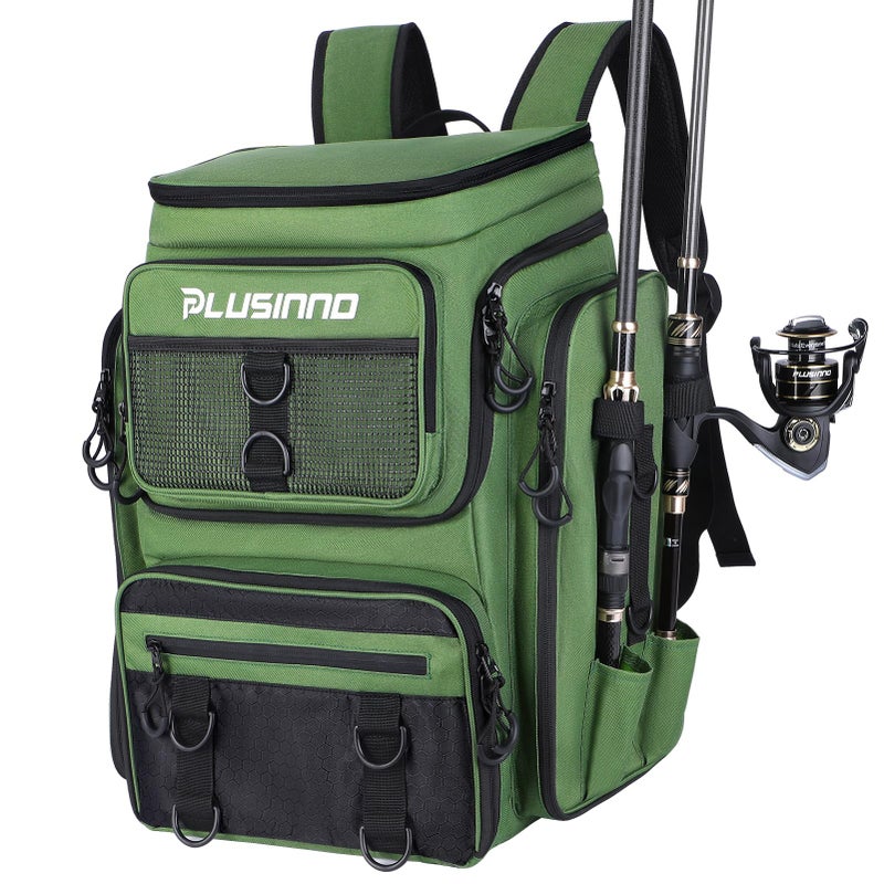 PLUSINNO Fishing Backpack with Rod Holders 42L Large Waterresistant Tackle Bag for Fishing Camping Hiking Gifts Green
