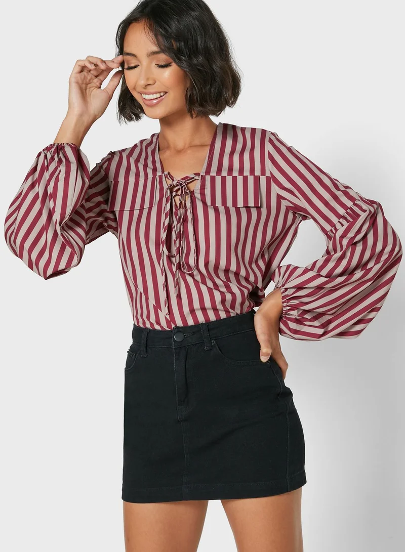 Ginger Striped Puffed Sleeve Tie Neck Top