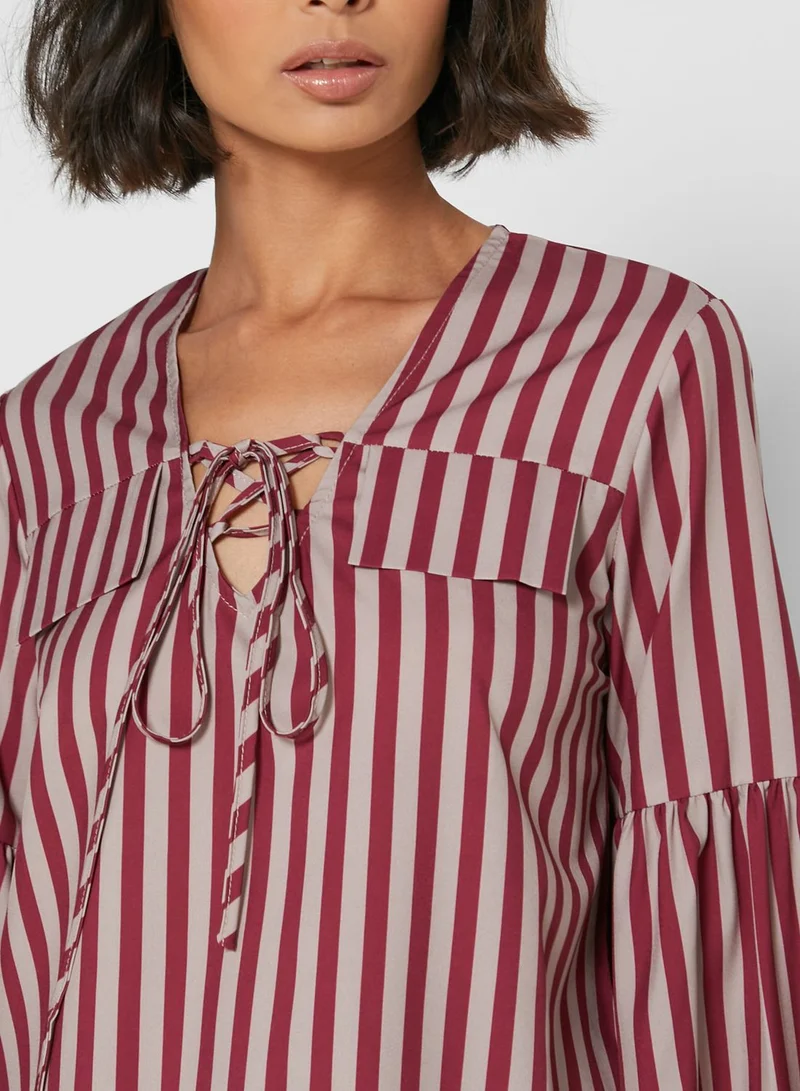 Ginger Striped Puffed Sleeve Tie Neck Top