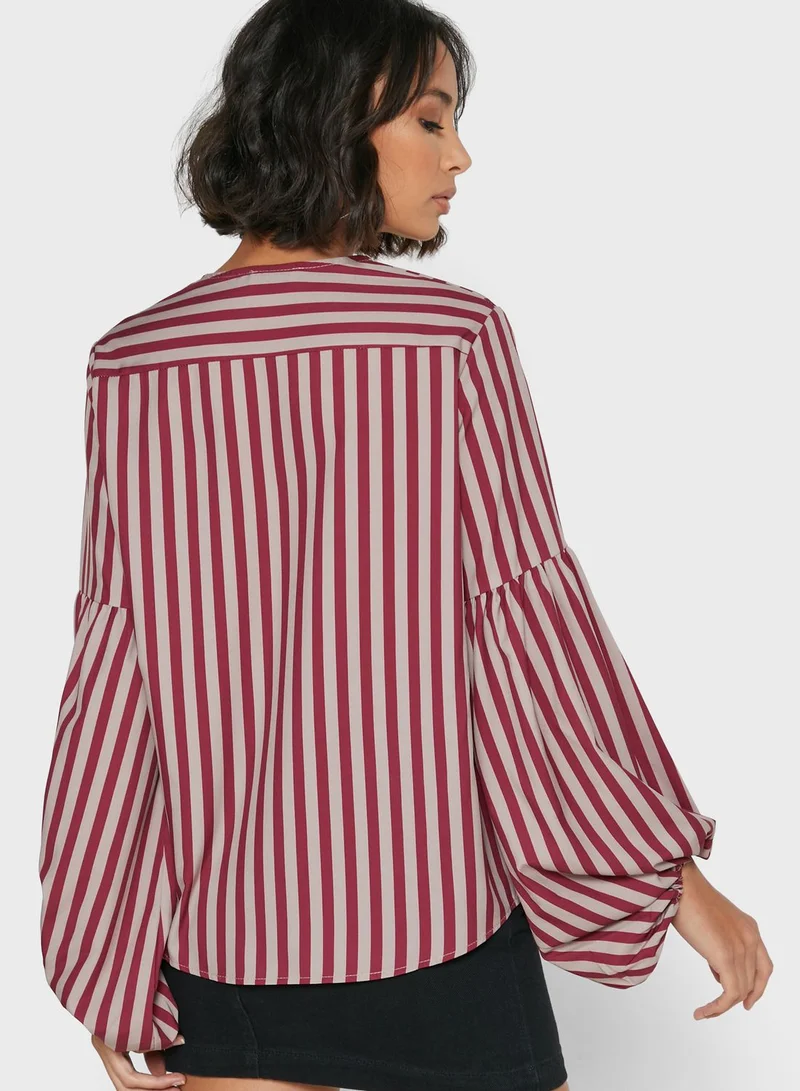 Ginger Striped Puffed Sleeve Tie Neck Top