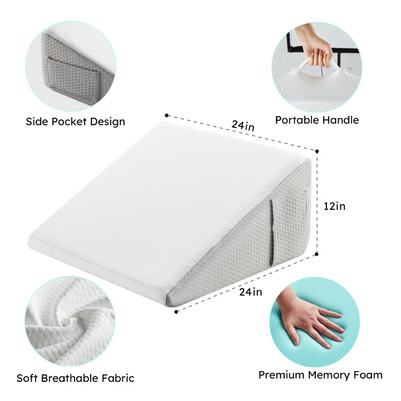 Bedluxe Wedge Pillow, 12 inch Bed Wedge Pillow for Headboard, Pillow Wedge for Acid Reflux Relief, Sleeping, After Surgery, Snoring, Gerd, Triangle Pillow Wedge - Cooling Memory Foam Top, White/Grey - Image 5