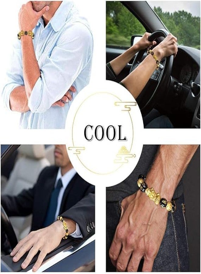 Plenteous سوار من حجر الأوبسيديان الأسود الفاخر من فنغ شوي - تعويذة حظ على شكل طائر البيكسيو والتنين مع بي ياو مطلي بالذهب، أوم ماني بادمي هوم، لجذب الثروة والمال والحظ السعيد للرجال والنساء - Image 4