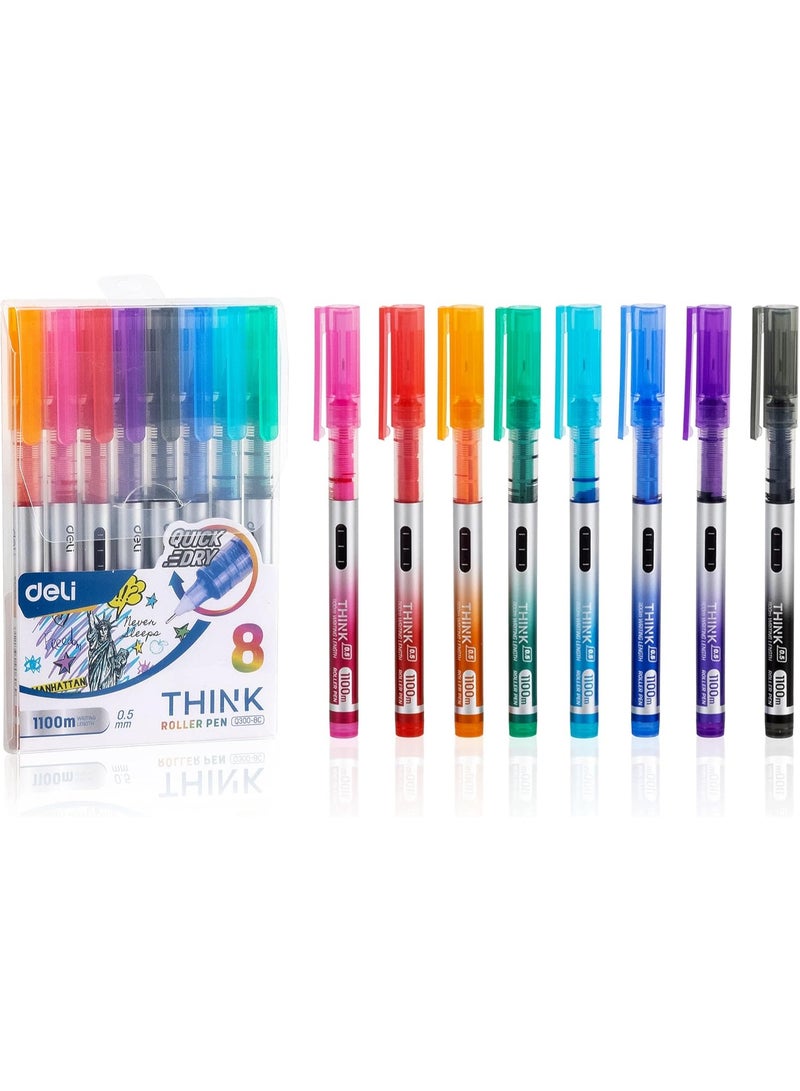 Deli 8 Pieces Rolling Ball Pens, Quick-Drying Ink 0.5 mm Extra Fine Point Pens Liquid Ink Pen Rollerball Pens Multicolor - Image 1