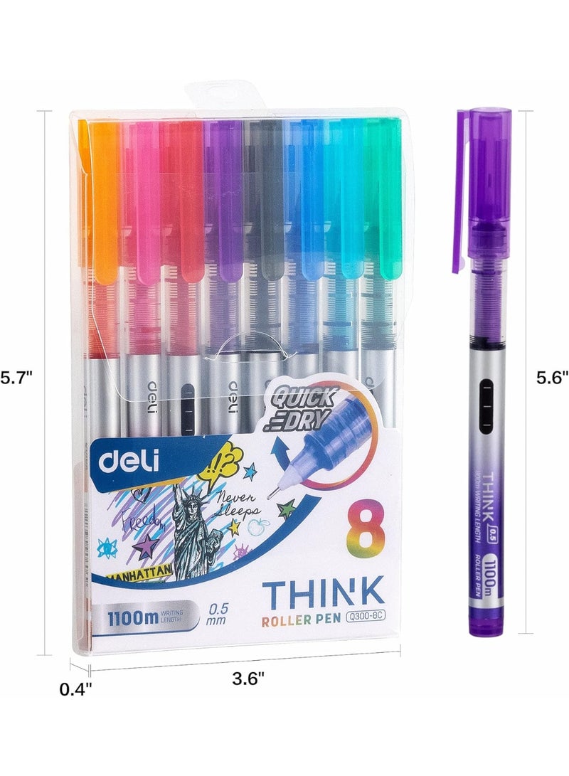 Deli 8 Pieces Rolling Ball Pens, Quick-Drying Ink 0.5 mm Extra Fine Point Pens Liquid Ink Pen Rollerball Pens Multicolor - Image 2