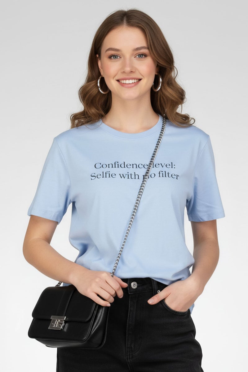 ONLY Women Crew Neck Short Sleeve Graphic Print T-Shirt, Sage Blue - Image 1