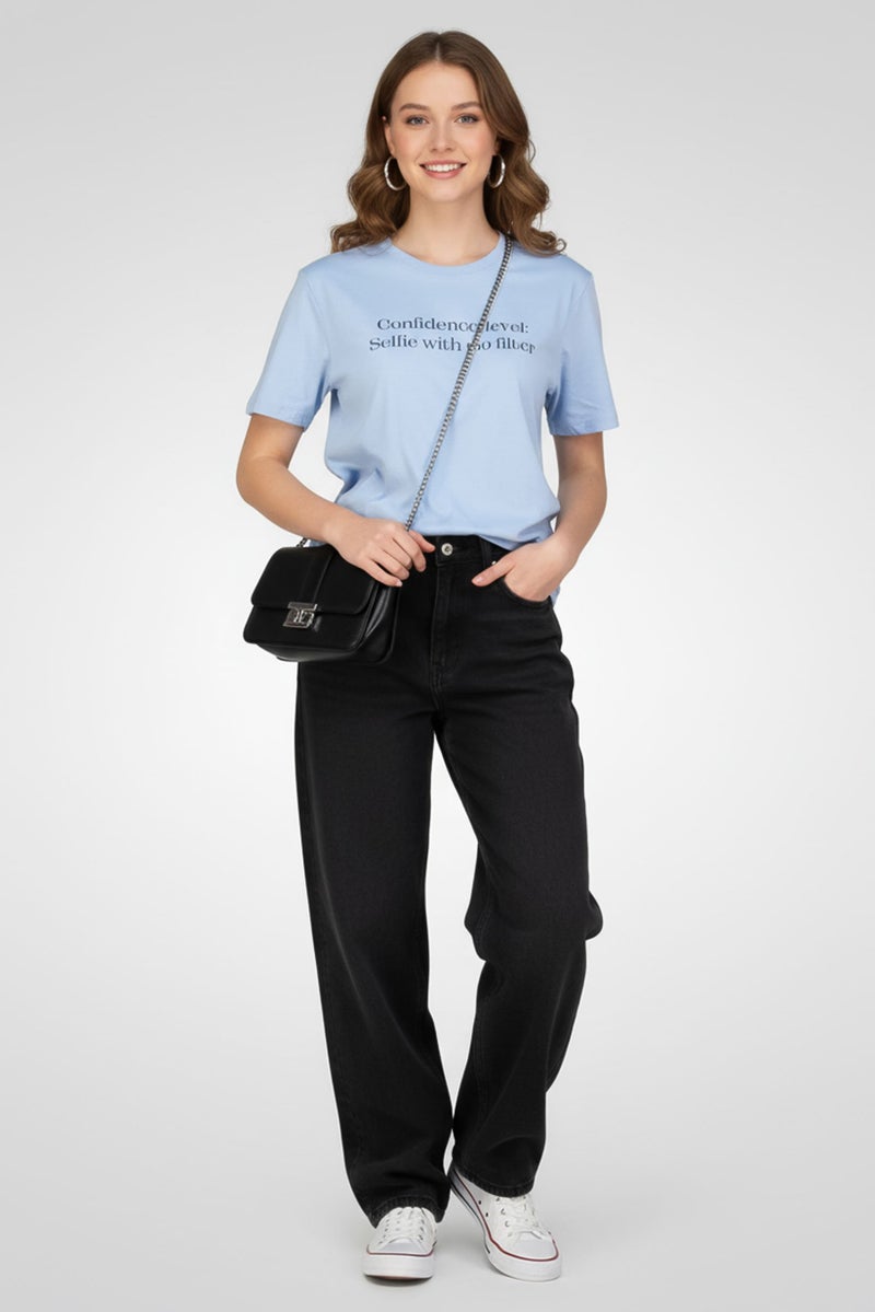 ONLY Women Crew Neck Short Sleeve Graphic Print T-Shirt, Sage Blue - Image 2