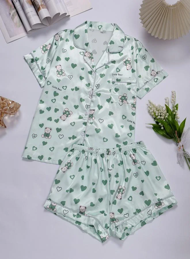 Take Two Multi-Color Bear and Heart Print Shirt and Shorts Pajama Set