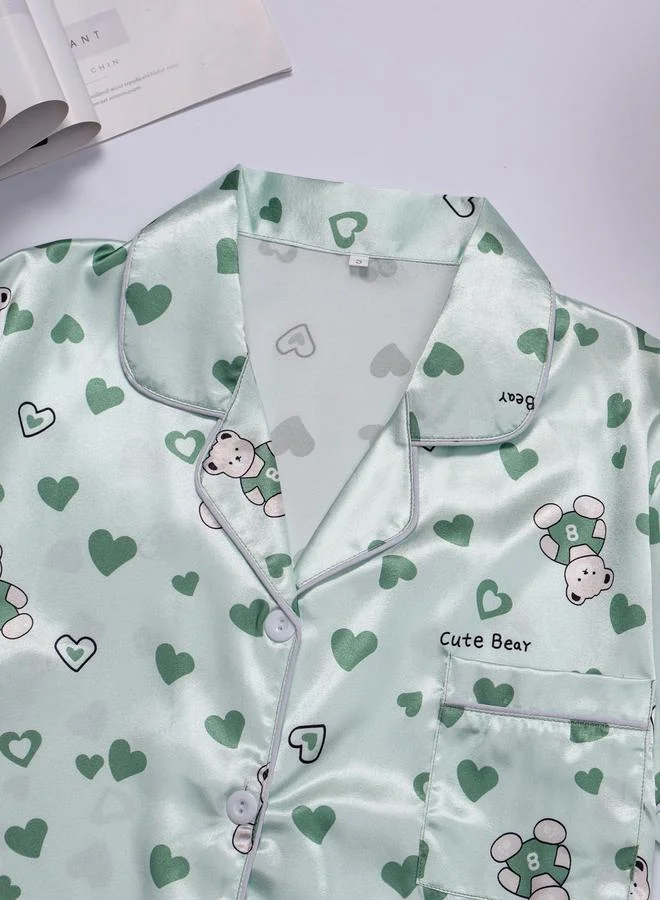 Take Two Multi-Color Bear and Heart Print Shirt and Shorts Pajama Set
