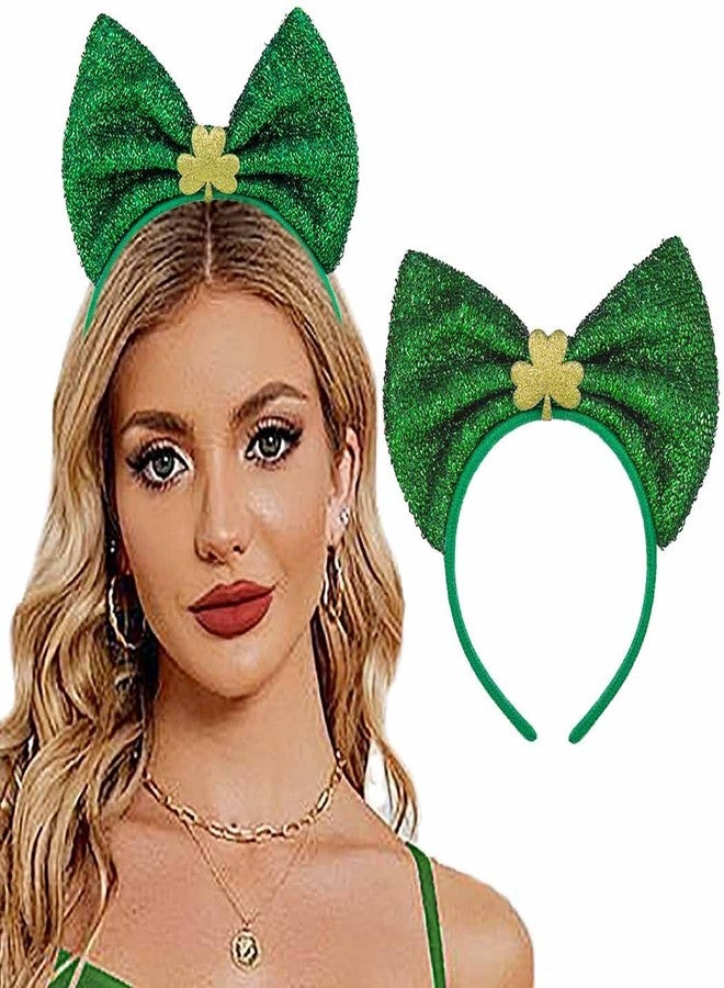 Outyua St Patricks Day Headband Shamrock Green Bow Headbands Sequin Hair Hoops Irish Accessories for Women Costume Party Favor (Green Bow1) - Image 1