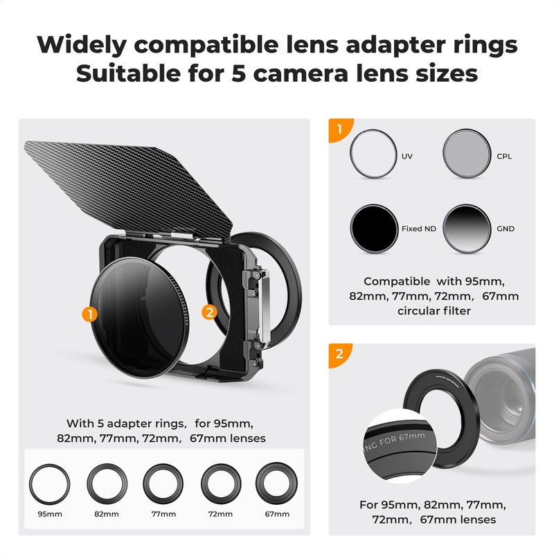 K&F Concept صندوق مات K&F CONCEPT، صندوق مات لكاميرا DSLR مع علم علوي من ألياف الكربون، مع حلقات محول 67/72/77/82/95 مم لفلتر ND UV 4x5.65/فلتر دائري - Image 4